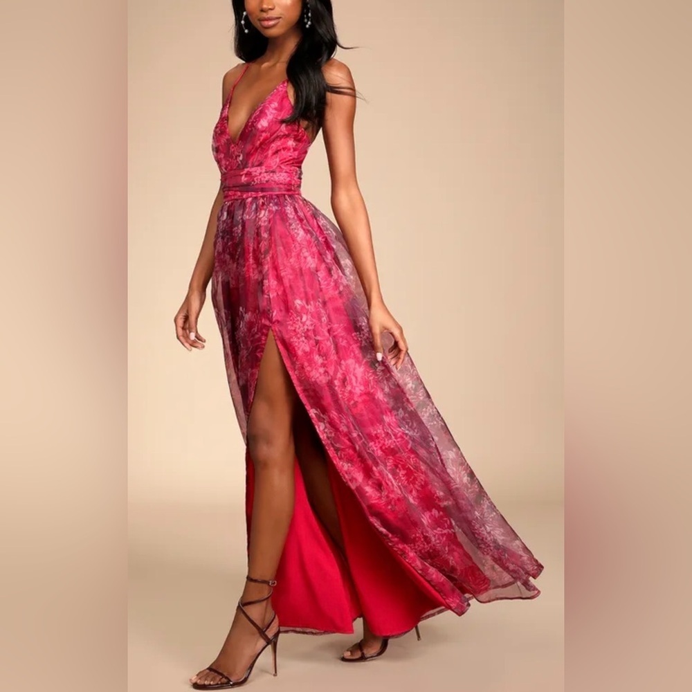 Lulus Romance That Wows Magenta Floral Print Organza Maxi Dress. - Picture 3 of 14